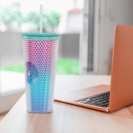 Vaso de Plástico Reusable con Doble Pared 710 ml Brillante con Popote (Azul)