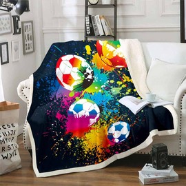 Sport Fleece Throw Blanket for Girls Boys Children Kids Football Sherpa Blanket Sports Theme Games Plush Blanket Bright Vibrant Soccer Ball Pattern Fuzzy Blanket for Sofa Bed Double 60x79 Inch