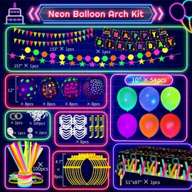 GYIPFIPA 260 Pcs Neon Balloons Arch Garland Kit, Glow in the Dark Neon Birthday Party Decorations, UV Neon Balloons Glow Party Banner Glow Party Supplies Neon Birthday Party Decor