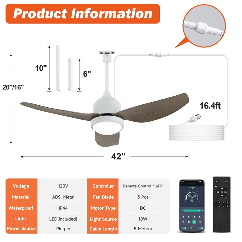BZX Waterproof Outdoor Ceiling-Fan with Light - 42" Modern Ceiling