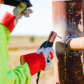 Wells Lamont Guantes de trabajo de cuero con puño de seguridad, doble palma, piel de vacuno dividida, talla única (4050), negro, grande, rojo