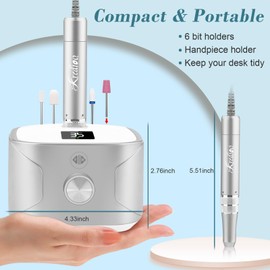 Kredioo Nail Drill 35,000RPM, Electric Nail File for Acrylic and Gel Nails, Professional Nail Drill Machine, Manicure Pedicure Kit with 11 Bits, LCD Display, Touch Button (Silver)
