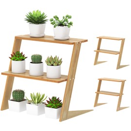 3 Tier Small Bamboo Plant Stand Shelf Adjustable, Wooden Display Stand for Plants Succulent Minimalist Cupcake Spice on Table Top Windw sill Office Desk Kitchen Countertop,Mini Flower Pot Holder Rack