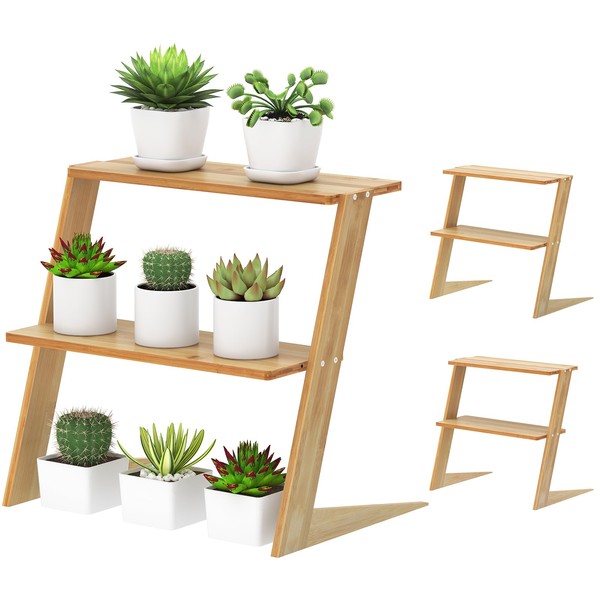3 Tier Small Bamboo Plant Stand Shelf Adjustable, Wooden Display