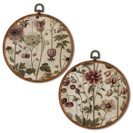 KSDUT Botanical Floral Wall Decor Art Set of 2 - Boho Natural Vintage Flowers Textile Wall Art Canvas Frame Hanging Prints, Mid Century Modern Round Wall Art Decor for Farmhouse Decorations 10"x10"