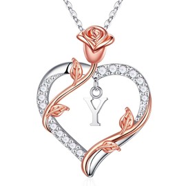 Iefil Sterling Silver Necklace for Women, I Love You Romantic Gifts for Her Rose Love Heart Initial Y Letter Pendant Necklace Jewelry Gifts from Daughter Son Husband