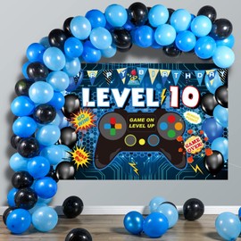 Video Game Theme Happy Birthday Backdrop for Boys Level 10 Controller Game Programmer Balloons Blue Photography Background Boys 10th Birthday Backdrops Party Supplies Indoor Outdoor Decor 7x5ft