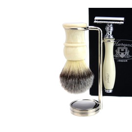Ivory Colour 3 Pcs Men's Shaving Set. Set Includes Synthetic Hair Shaving Brush, 3 Types of Razor to Choose,& Stainless Steel Made Brush & Razor Stand. Perfect Set (De Safety Razor)