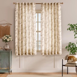 Lazzzy Linen Farmhouse Curtains Taupe Floral Curtains 63 Inch Long Back Tab Drapes for Living Room Bedroom Light Filtering Country Vintage Rod Pocket Curtain, 2 Panels, Taupe on Beige