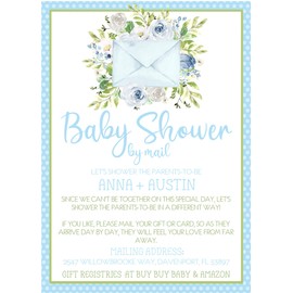 Boys Blue Baby Shower By Mail Invitations, Virtual Baby Shower Invitation Card Sets With Matching Return Address Labels, Far Away Baby Shower Invitations