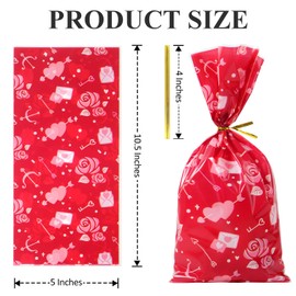 idolpack 50 Pack Valentine's Day Cellophane Bags with Twist Ties, Red Heart 5x10.5 Inches Cello Bags Sweet Goodie Candy Treat Bags Party Favor Bags for Wedding Anniversary Supplies