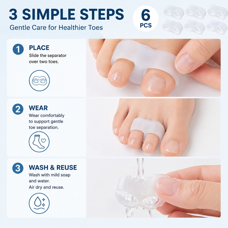 6-Piece Silicone Toe Separators for Daily Comfort – Soft Washable