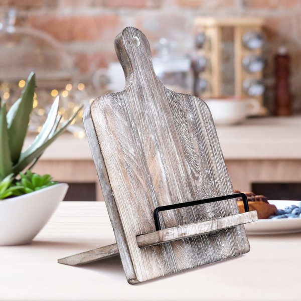 Cookbook Holder | Wood Cookbook Stand (Rustic Grey) Adjustable Pull-Out Recipe Holder Stand for Kitchen, Dining Room, Bedroom