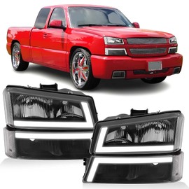LED DRL Headlights Assembly & Tail Lights Combo compatible with 2003-2006 Chevy Silverado 1500 2500 3500, Black Housing Clear Side Headlamp + Red Taillights