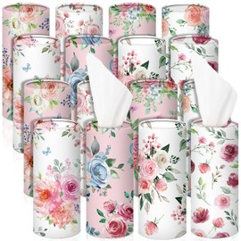 Ctosree 16 Pcs Car Tissue Cylinder with Facial Tissue Bulk Round Floral Car Tissue Holder Cylinder Tube Tissue Tubes Round Tissue Boxes for Car Travel Tissues Fit Car Cup Holder Round Container