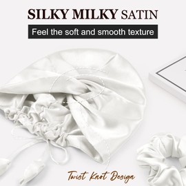 PARISBELLA Reversible Silky Satin Bonnet for Sleeping, Smooth As Silk Hair Wrap for Sleeping, Adjustable Satin Sleep Cap for Women, Stylish Turban for Curly Hair, White, Pack of 1