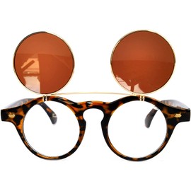 Flip Up Steampunk Vintage Retro Round Circle Gothic Hippie Colored Plastic Frame Sunglasses Brown Lens OWL