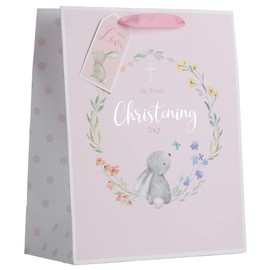Grehge Partisan Products White Kraft Paper Rabbit Pink Girl Christening Gift Bag With Gift Tag Fully Recyclable Medium