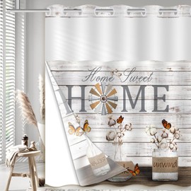 Uhexoyo Sweet Home No Hook Bathroom Shower Curtain, Farmhouse Cotton Rustic Shower Curtain Bathroom Decor,with See Through Mesh Top Window,71X74in