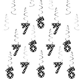 30pcs Checkered I was 6 Now I'm 7 Hanging Swirls, Funny 6 7 Birthday Hanging Decor, Six Seven Ceiling Foil Swirl, Funny Slang Themed Party Favors - Black Glitter