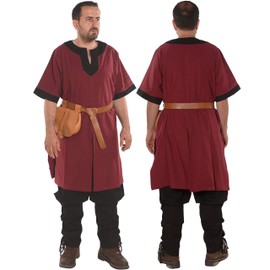 Loki Medieval Viking Cotton Half-Sleeve Tunic by Calvina Costumes - Made in Turkey -BRG/BLC S Burgundy/Black