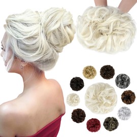 Felendy Messy Bun Hair Piece Wavy Curly Scrunchies Fluffy Donut Thick Updo Elegant Chignon Hairpieces for Women Girls, Platinum Blonde 1.4oz