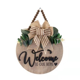 Condorpasea 3D Welcome Sign for Front Door | Home/Farmhouse Porch Décor Wooden Hanging Sign with Artificial Leaves and Rustic Beads | Christmas Classroom |12" Round