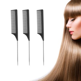 3 Pack Rat Tail Combs with Heat Resistant Carbon Fiber Fine Tooth and Stainless Steel Handle Pin Design for Pintail Hair Parting Teasing