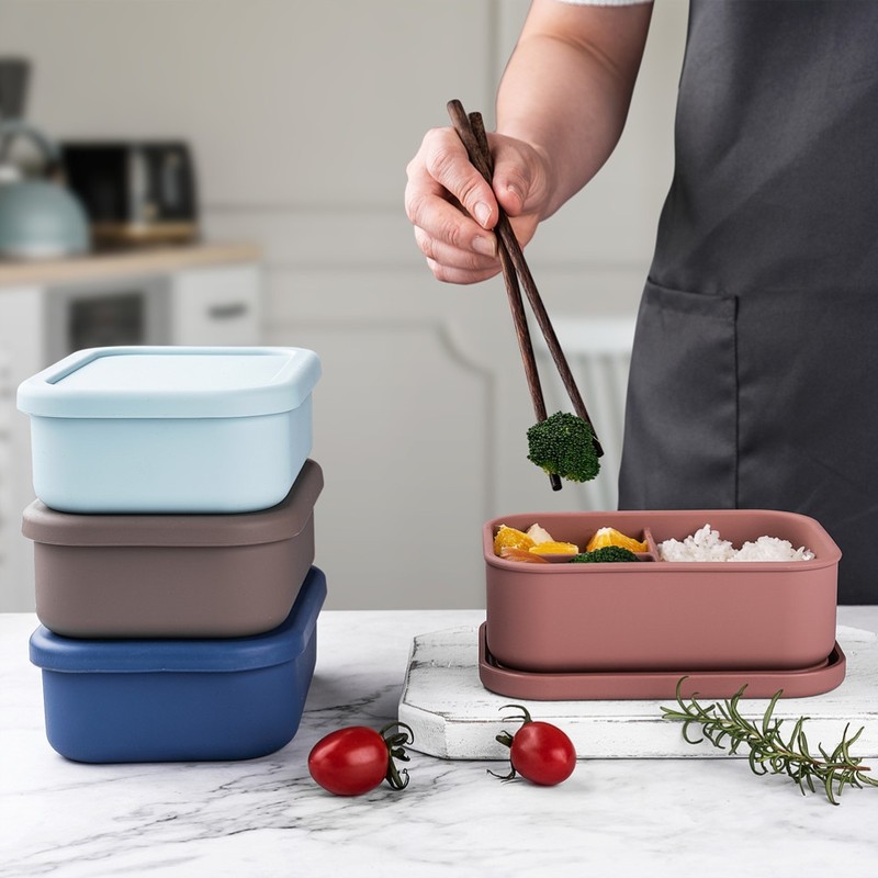 Silicone Bento Lunch Box Portable Reusable 3 Compartment Microwaveable Bento