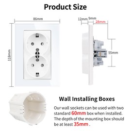 JIMEIDA Double Socket Glass White with Hook Single 16 Amp Standard Schuko Socket Tempered Glass Panel Protective Contact Wall Socket