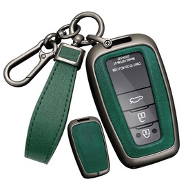 SANRILY PU Leather 3/4 Button Key Fob Cover Fit for Toyota RAV4 Camry 2021 2020 Avalon C-HR Prius Corolla Highlander GT86 Keyless with Leather Keychain Black-Green