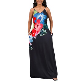 Womens Plus Size Bohemian Hawaiian Vacation Sundress Summer Long Maxi Beach Dresses with Pockets Black