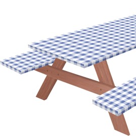 3 PCS Picnic Table Cover with Bench Covers Waterproof Camping Tablecloth Flannel Backing Elastic Edge Wipeable Plastic Cover Vinyl Tablecover Fitted 30''x72'' Rectangle Tables (Blue White Plaid, 6 FT)