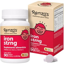 RENZO’S - Iron Strong suplemento de hierro para niños con vitamina C sabor naranja 90 tabletas masticables veganas
