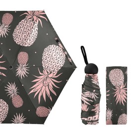 Pink Pineapples Seamless Texture on Black Background Small Mini Anti-UV Compact Travel Umbrella, 5 Folding Ultra-Light Umbrella, 6 Ribs Pocket Windproof Foldable Vinyl Parasol