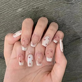 Valentine's Day Press on Nails French Tip Fake Nails Square False Nails with Pink Heart Bow Designs Nude White Glue on Nails Heart Stick on Nails Cute Acrylic Nails Full Cover Glossy Artificial Nails