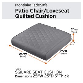 Classic Accessories Montlake Water-Resistant 25 x 25 x 5 Inch Square Patio Quilted Lounge Cushion, Grey