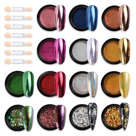 Chrome Nail Powder Set 14 Colors Pink Blue Silver Metallic Effect Mirror Powder for Nails With Brushes Holographic Pigment Chameleon Flakes for Nails Gold Leaf Decoration Nail Supplies