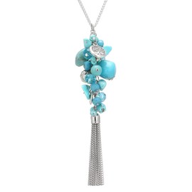 Noessla Boho Long Pendant Necklaces for Women Silver Tassel Long Necklace Sweater Chain Mothers Day Gifts Silver Costume Jewelry for Women(Turquoise)