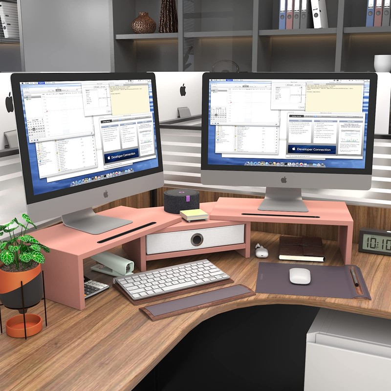 WESTREE Dual 3 Shelf Computer Riser with Drawer, Adjustable Length