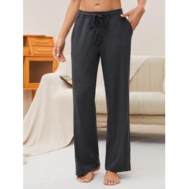 HEARTNICE 2 Pack Women's Pajamas Pants with Pockets Wide Leg Lounge Casual Loose Comfy Stretch Rib Yoga Sweatpants(Black+Dark Grey Mel., L)