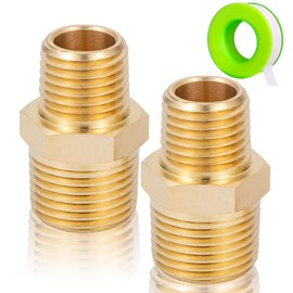 FullMayPro 2PCS Brass Pipe Fitting, Brass Hex Nipple，Reducing Connectors,3/8" NPT x 1/4" NPT Male Pipe Adapter with Teflon Tape
