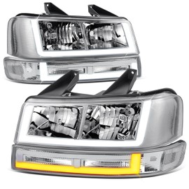Auto Dynasty Headlights Assembly and Bumper Lamps Compatible with 2003-2024 Chevy Express GMC Savana 1500-4500, with Switchback U-LED DRL Running lights, Chrome Housing Clear Corner (4Pcs)