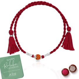 ZULRI 92.5 Sterling Silver Panchmukhi Rudraksha Red Thread Rakhi For Rakshabandhan, Rakhi With Fragrance Greeting Card & Roli Chawal and Silver Certificate of Authenticity