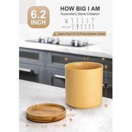 Nucookery 360°Rotating Utensil Holder, 7.2" Kitchen Utensil Crock, Ceramic Cooking Utensil Organizer with Countertop-Protection Cork Bottom for Farmhouse Kitchen Decor Christmas (Yellow Sand)
