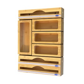 Incredinest Bamboo Drawer Organizer Bag Holder – Modular Design Zip Lock Bag Organizer Plastic Wrap Dispenser with Cutter – Baggie Organizer for Drawer with Single and Double Wrap Dispenser