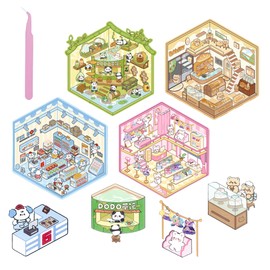 4 Sets DIY 3D House Stickers, Fun DIY Stickers Scene Make Your Own Mini Room Scenes, Cute Sticker Scenes for Adult Kids Relief Stress Pass The Time, Convenience Stores Clothing Stores and Bakeries
