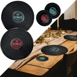 MEDOYOH Set of 2 Record Placemats and Coasters, Round Vinyl Placemats Table Mats Set Round Coasters Set Washable Heat Resistant Anti-slip Food Grade for Kitchen Restaurant Home Decor
