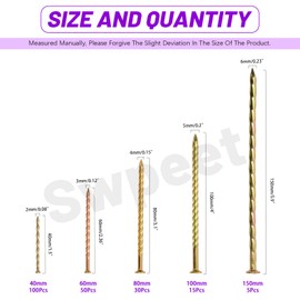 Swpeet 200Pcs 5 Sizes 40/60/80/100/150mm Carbon Steel Colored Zinc Plated Fence Deck Nails Assortment Kit, Spiral Shank Spikes Spiral Deck Nail for House Floor Repairing Wall Woodworking