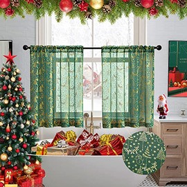 Green Kitchen Curtains for Christmas Decorations,Holiday Cafe Curtains,Short Sheer Small Window Evergreen Curtains for Bathroom Kids Bedroom Bath Room,Set of 2 Panels,24 Inch Length